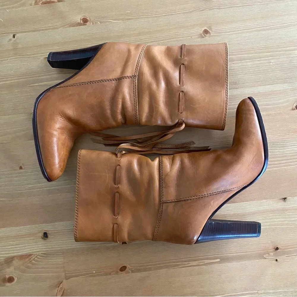 Hana Mackler Cognac 100% Genuine Leather Ankle Boots 8 AA Narrow VTG 80s 4” Heel - Picture 4 of 13